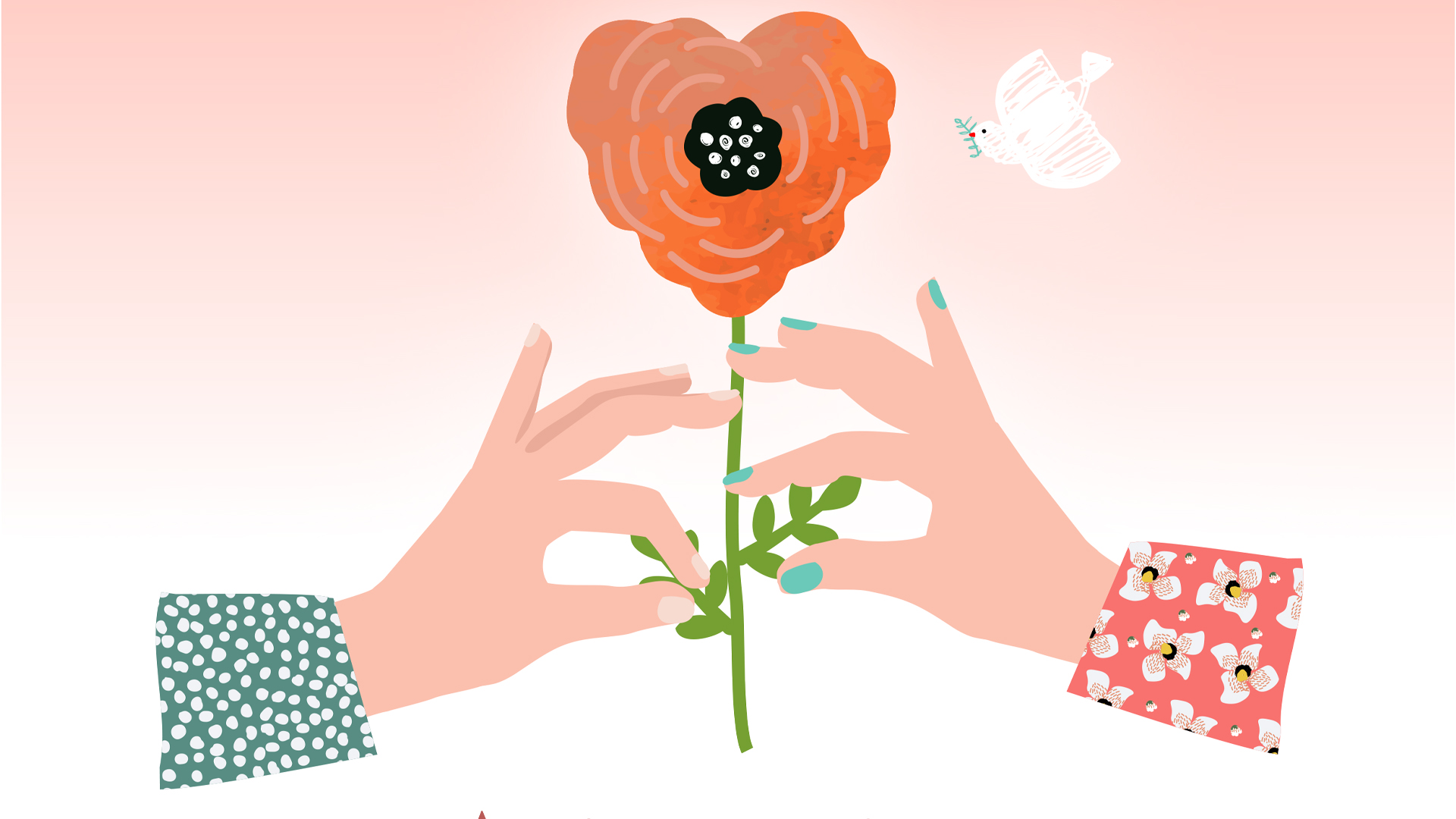 Kuvituskuva, jossa kaksi kättä pitelee kukkaa