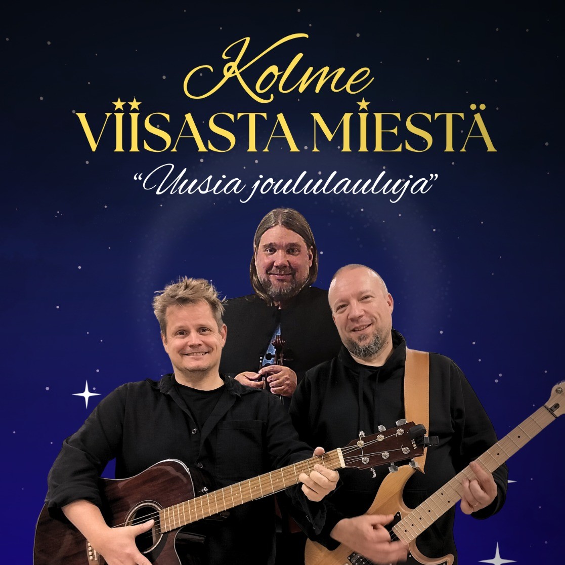 Kolme viisasta miestä- konserttimainos, jossa kolme muusikkoa soittimineen katsoo kameraan.