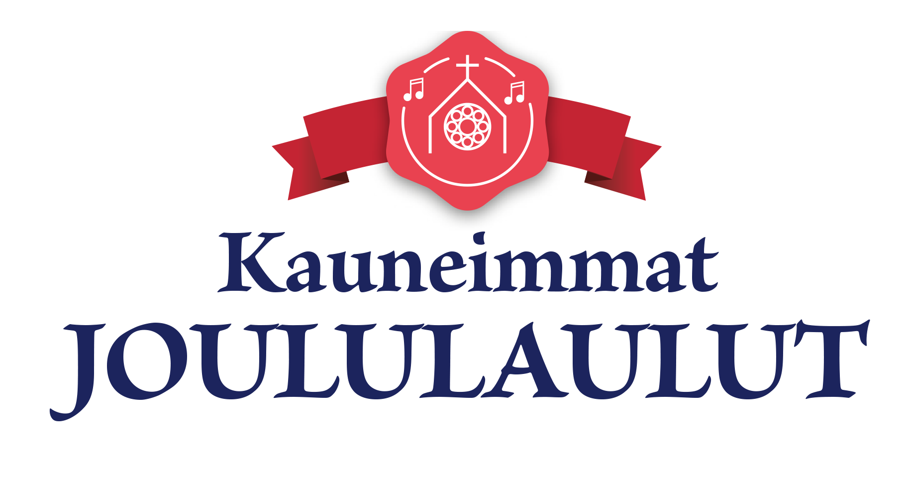 Kauneimmat Joululaulut -logo. Punainen rusetti, jonka sisällä kirkko ja nuotteja.