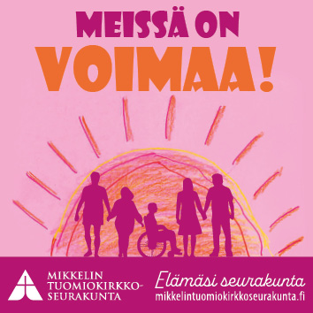 Punaisia siluetteja piirrettyä kuvitustaustaa vasten ja tekstit: Meissä on voimaa, Elämäsi seurakunta