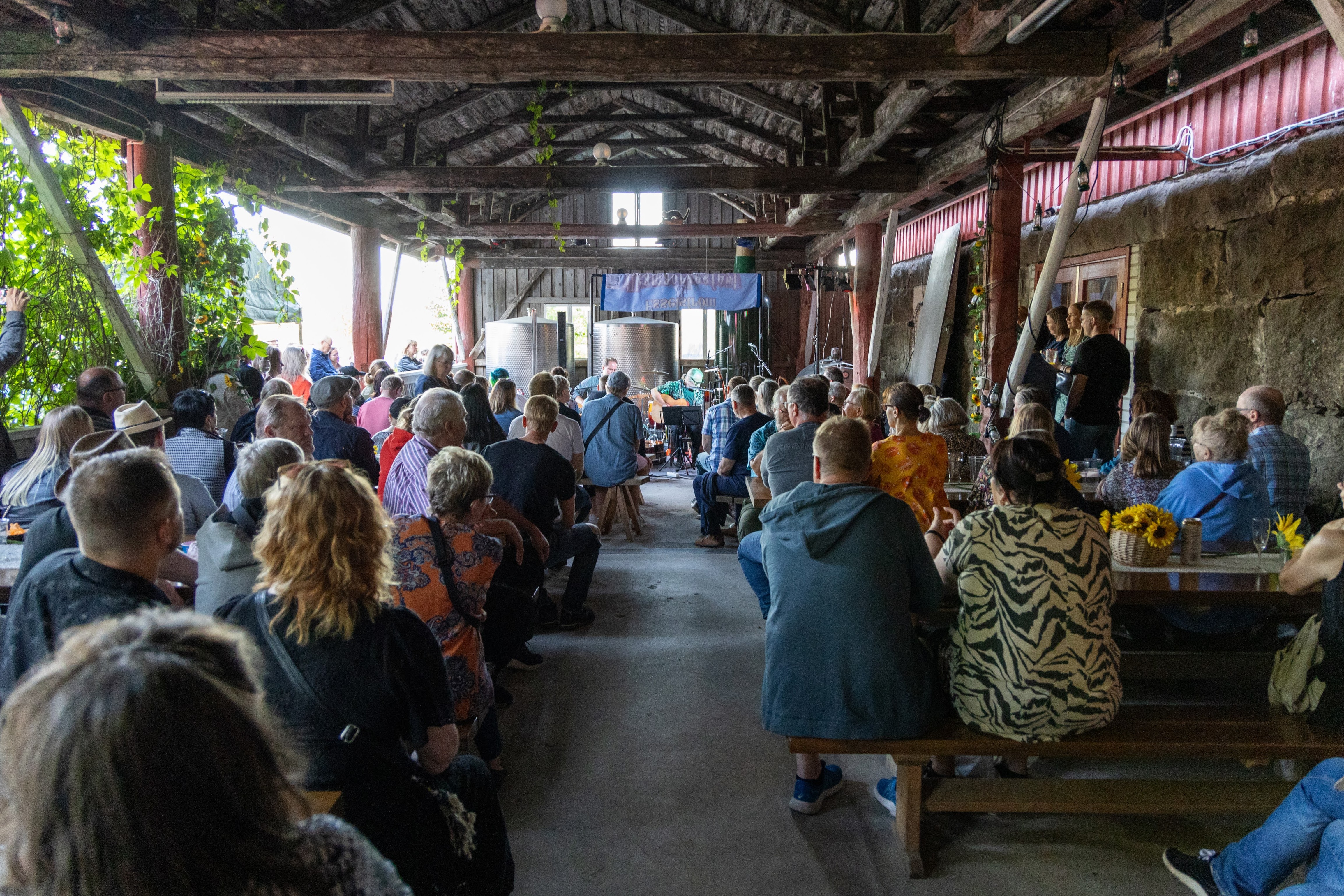 Yleisöä katsomassa esiintyjää Anttolan folkfestivaalilla