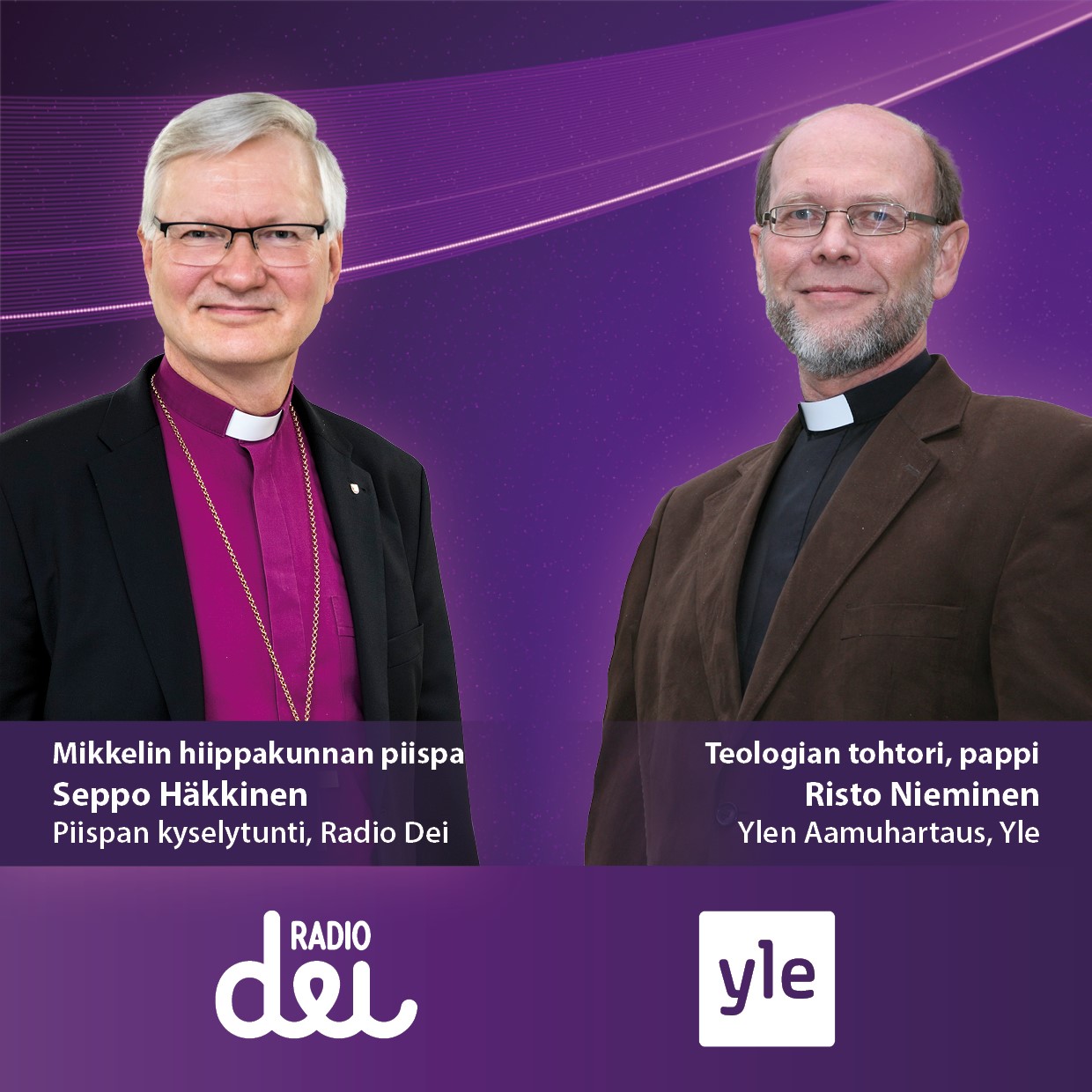 Piispa Seppo Häkkinen ja teologian tohtori Risto T. Nieminen violetilla taustalla
