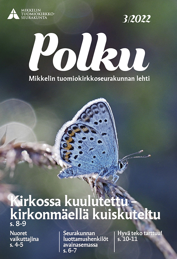 Polku 3/2022 lehden kansi, jossa perhonen oksalla, lehden logo sekä nostoja artikkeleista.