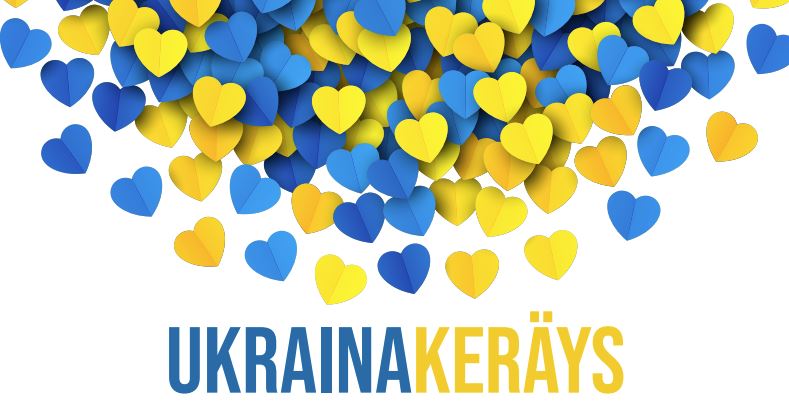 Keltaisia ja sinisiä sydämiä sekä teksti Ukrainakeräys