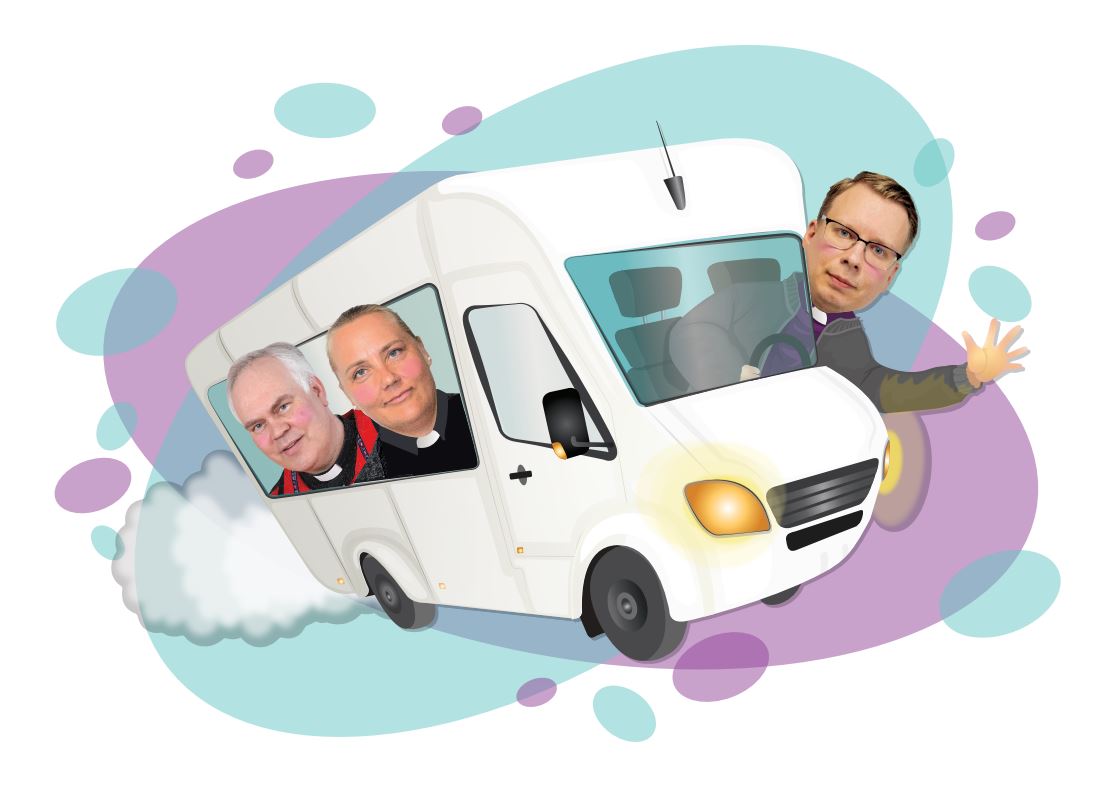 Bussi, jonka ikkunoista kurkistavat seurakunnan papit.