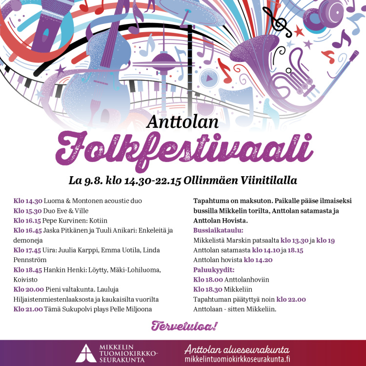 Anttolan folkfestivaali Tapahtuman mainos, jossa samat tiedot kuin sivun teksteissä.