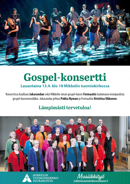 Gospel-konsertin mainos, jossa samat tiedot kuin julkaisun tekstissä.