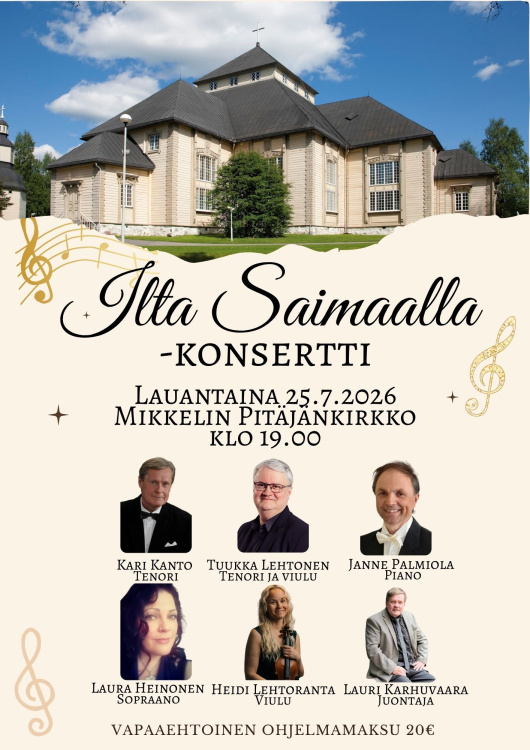 Pitäjänkirkko ja esiintyjien henkilökuvat.