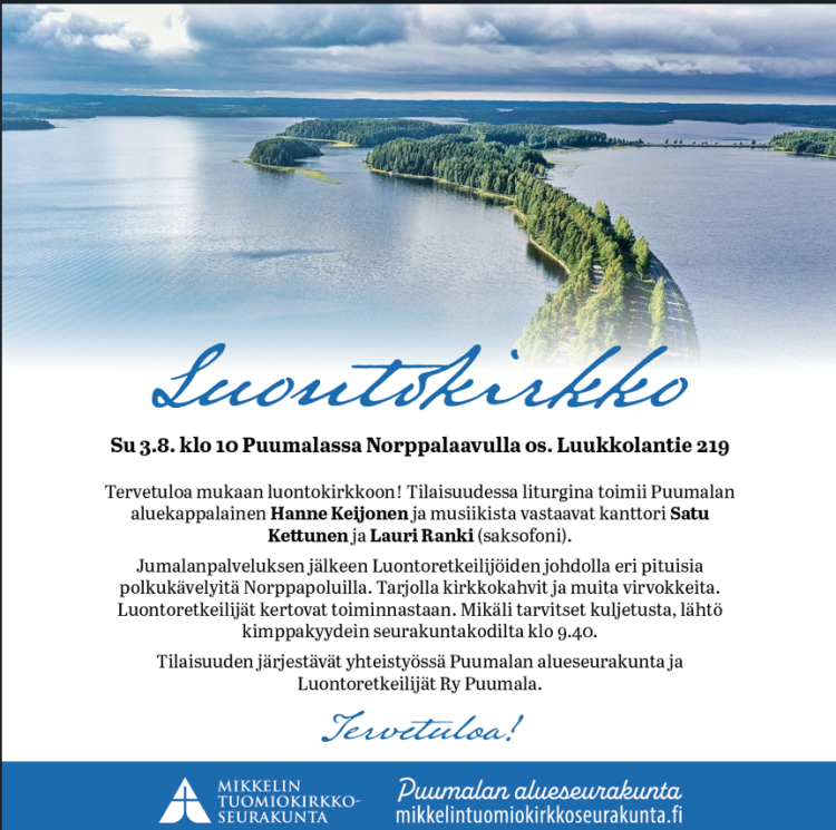 Mainos luontokirkosta, kuvassa järvimaisema