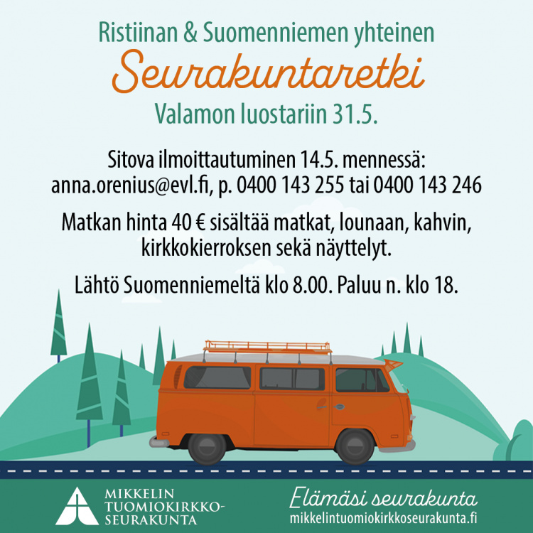 Seurakuntaretken mainos, jossa retken tiedot ja kuvitus bussista.
