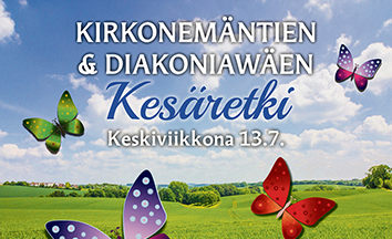 Kirkonemäntien ja kirkonwäen kesäretken mainos, perhosia ja kukkia niityllä.