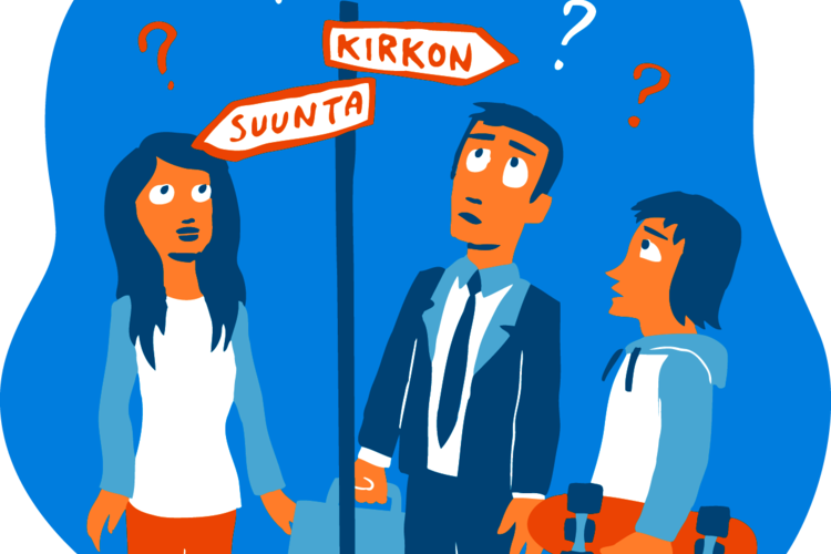 Kirkon suunta -kyltti ja ihmisiä