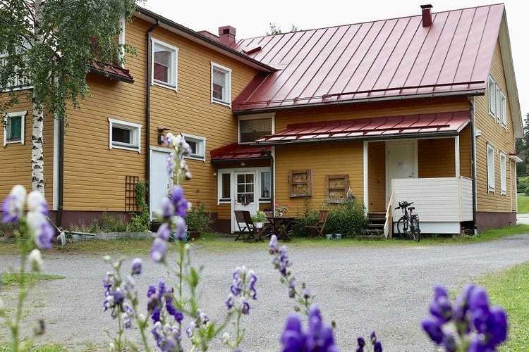 Rouhialan kerhotilan piha-alue kesällä. Edessä sinisiä kukkia.