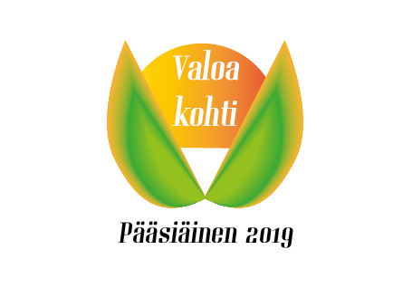 Pääsiäislogo missä auringon edessä puun lehdet ja tekstinä Valoa kohti
