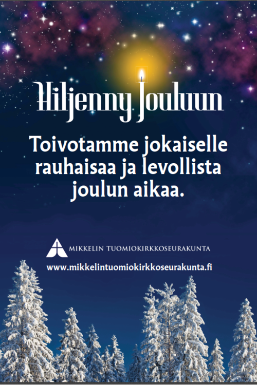 Hiljenny jouluun ja hyvän joulun toivotus -teksti sinisellä tähtitaivaalla ja lumisia puita kuvan alaosassa. 