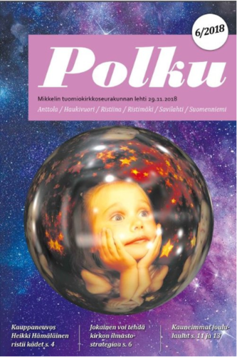 Polku-lehden 6/2018 numeron kansi, jonka kansikuvassa on tyttö taikapallon sisällä, ja pallo on tähtiä täyn...