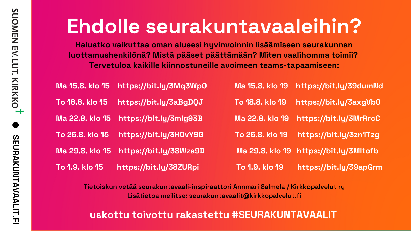 Seurakuntavaalien infotapaamisten ajankohdat kuvana. Samat tiedot uutisen tekstissä.