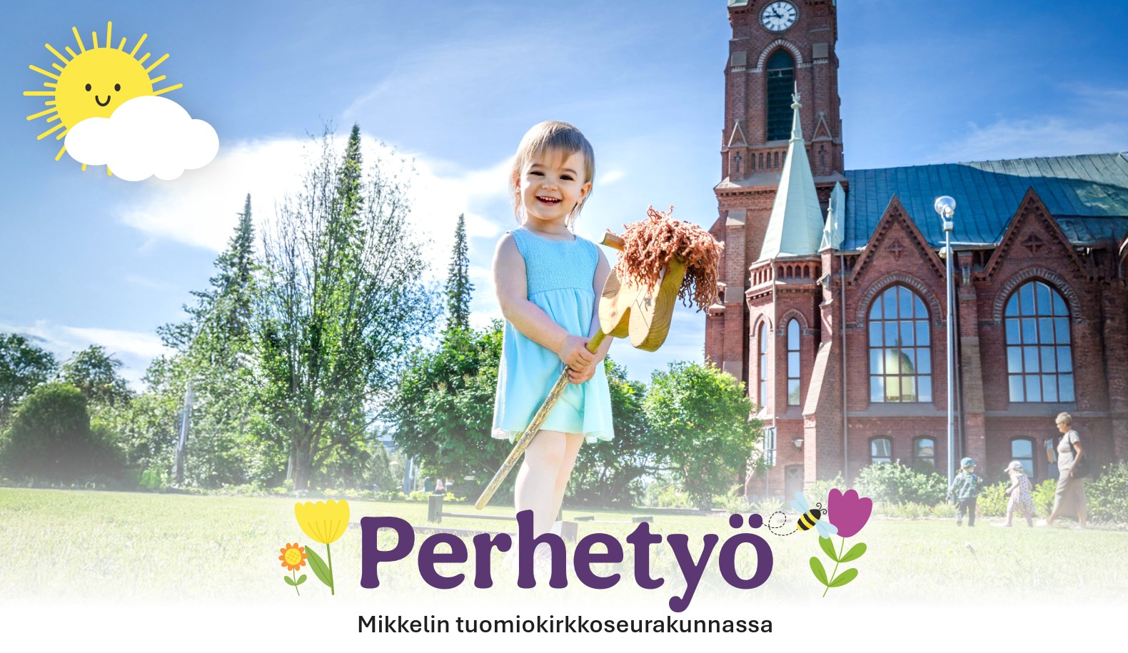Kuvabanneri, jossa tekoälyllä käsitelty kuva lapsesta keppihevosella leikkimässä Mikkelin tuomiokirkon nurmella.